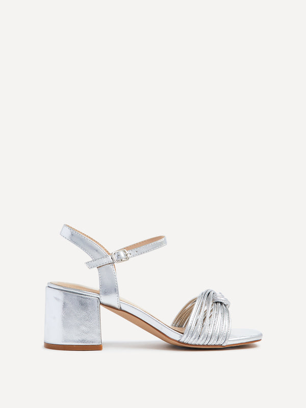 Linzi Silver Faux Leather Block Heeled Sandal With Looped Front Detail