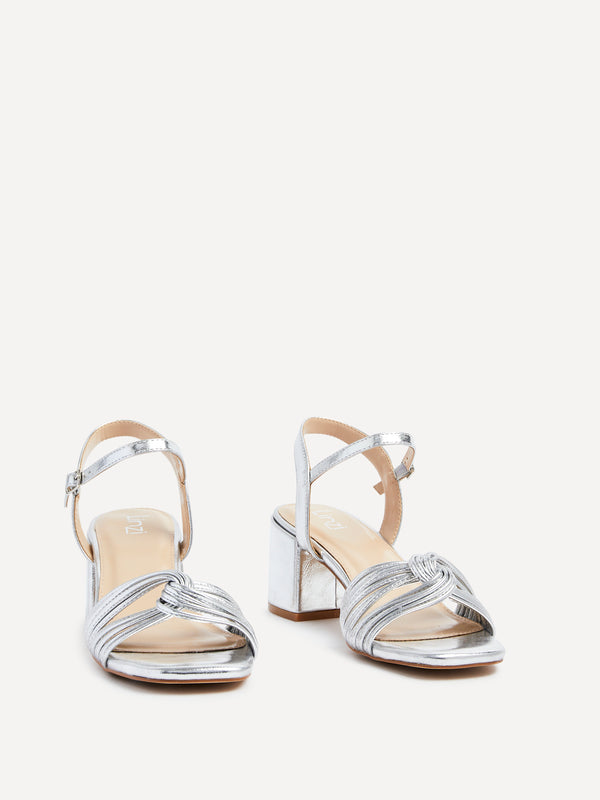 Linzi Silver Faux Leather Block Heeled Sandal With Looped Front Detail