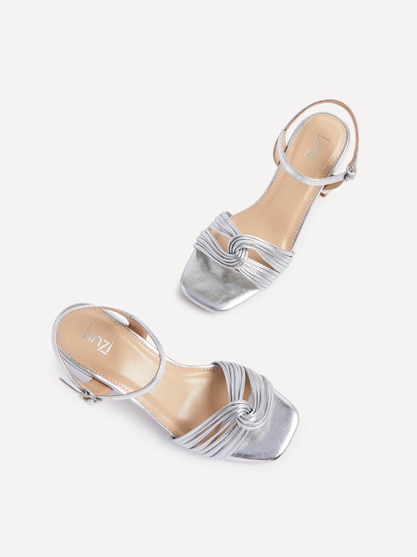 Linzi Silver Faux Leather Block Heeled Sandal With Looped Front Detail