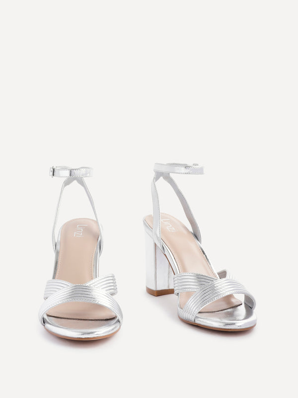 Linzi Silver Faux Leather Block Heeled Sandal With Ribbed Design Front Strap