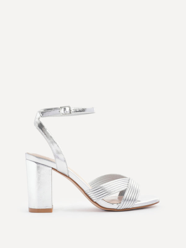 linzi Silver Faux Leather Block Heeled Sandal With Ribbed Design Front Strap