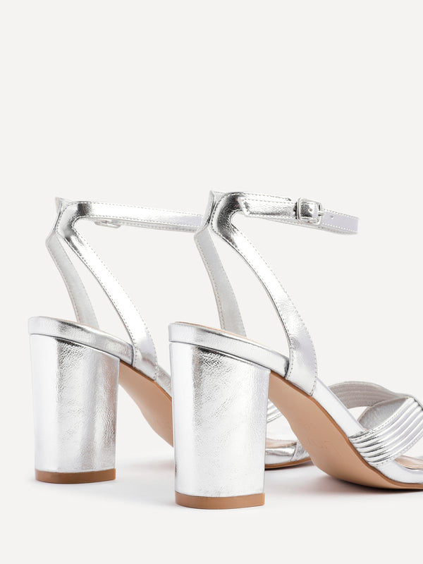 Linzi Silver Faux Leather Block Heeled Sandal With Ribbed Design Front Strap