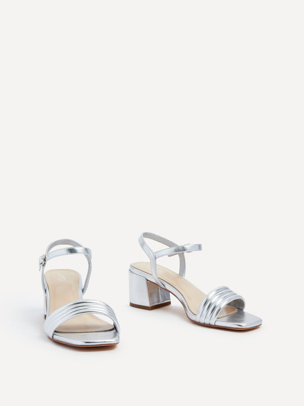 Linzi Silver Faux Leather Block Heeled Sandal With Ribbed Front Strap
