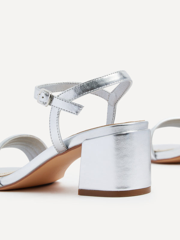 Linzi Silver Faux Leather Block Heeled Sandal With Ribbed Front Strap
