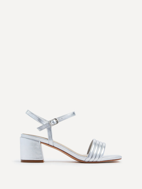 linzi Silver Faux Leather Block Heeled Sandal With Ribbed Front Strap