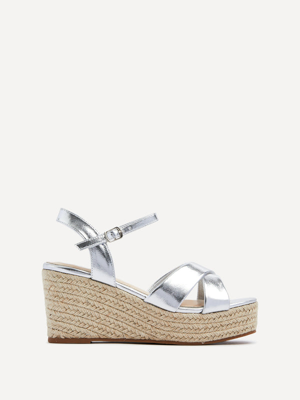 Linzi Silver Faux Leather Crossover Rope Detail Wedge