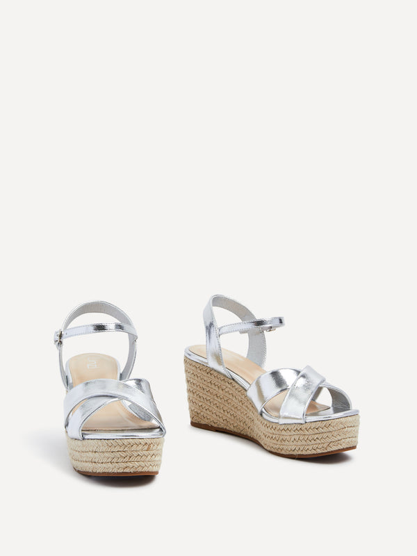 Linzi Silver Faux Leather Crossover Rope Detail Wedge