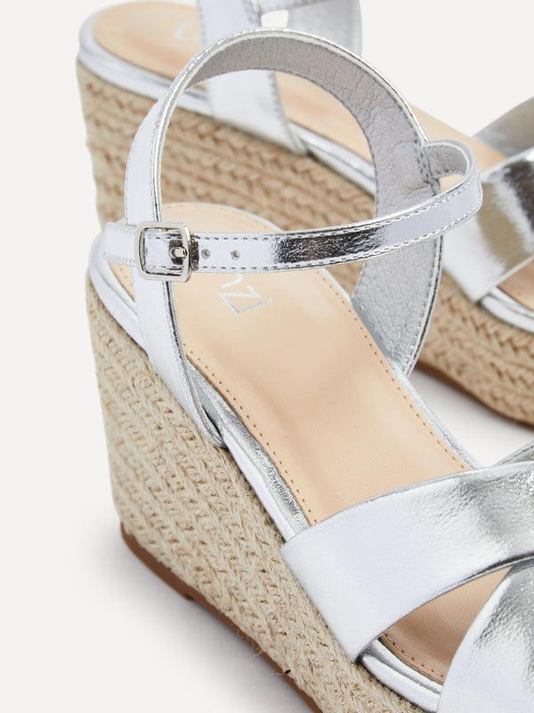 Linzi Silver Faux Leather Crossover Rope Detail Wedge