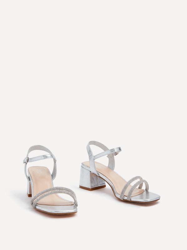 Linzi Silver Faux Leather Diamante Block Heeled Sandal