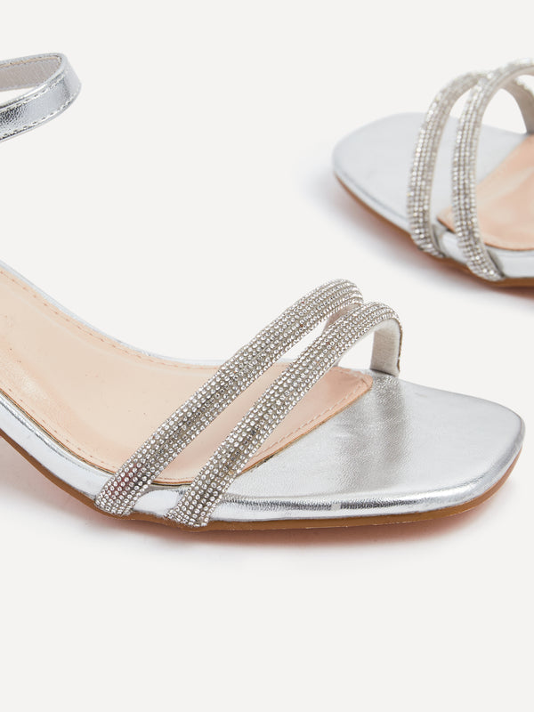 Linzi Silver Faux Leather Diamante Block Heeled Sandal