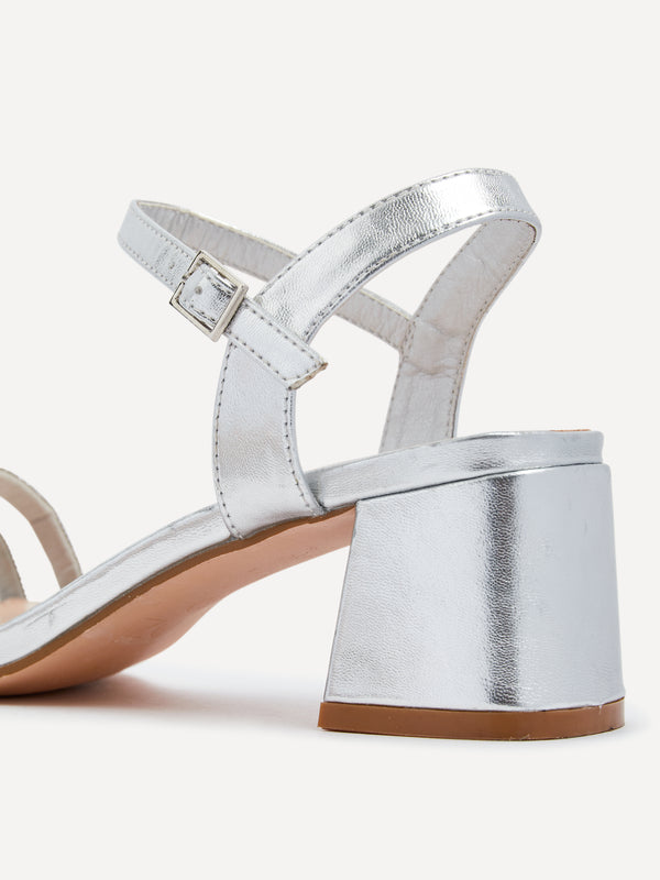 Linzi Silver Faux Leather Diamante Block Heeled Sandal