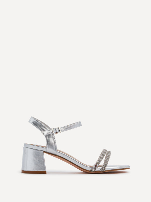linzi Silver Faux Leather Diamante Block Heeled Sandal