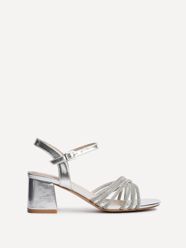 Linzi Silver Faux Leather Diamante Crossover Heeled Sandals