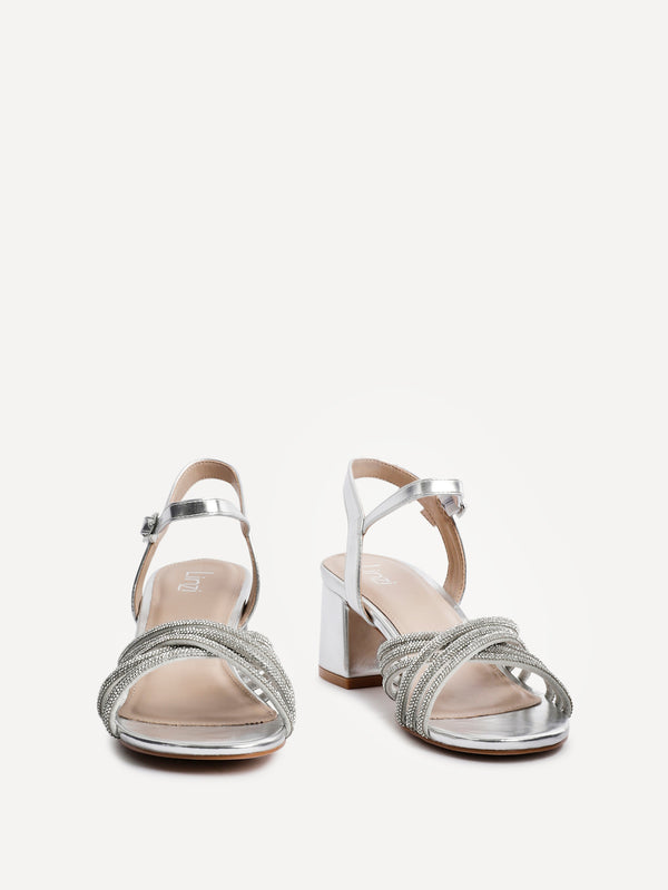 Linzi Silver Faux Leather Diamante Crossover Heeled Sandals