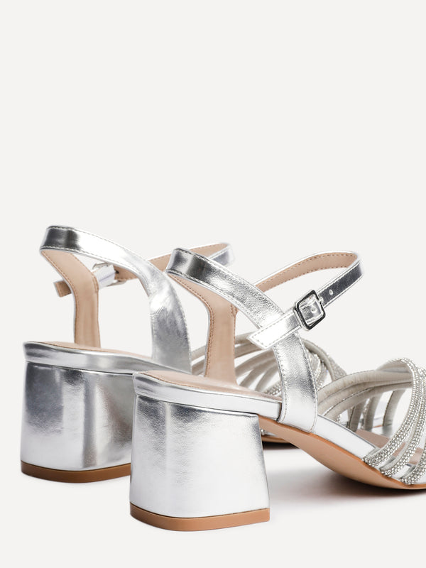 Linzi Silver Faux Leather Diamante Crossover Heeled Sandals
