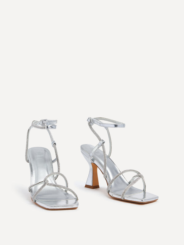 Linzi Silver Faux Leather Diamante Embellishes Strappy Heel