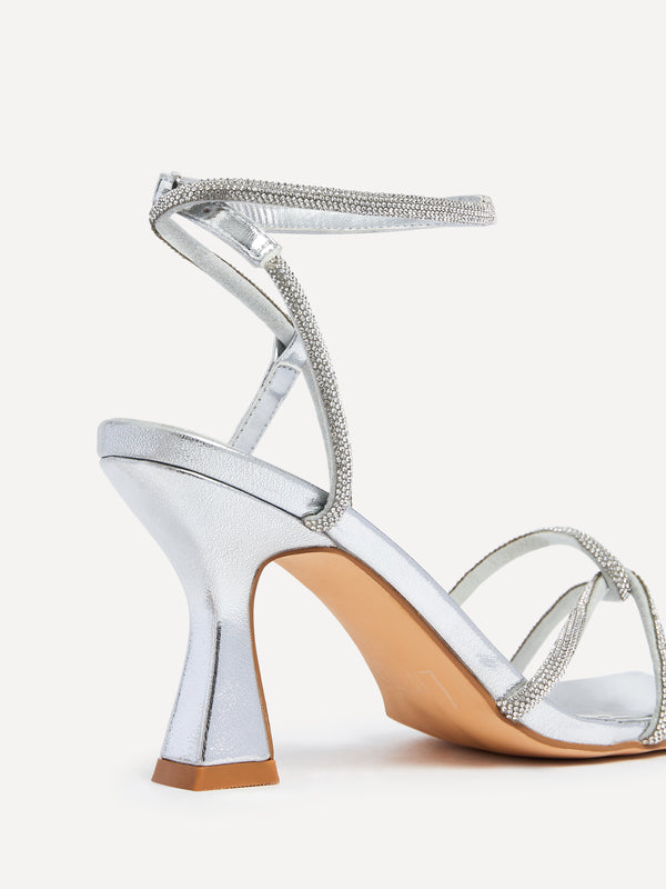 Linzi Silver Faux Leather Diamante Embellishes Strappy Heel