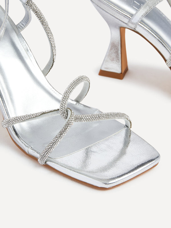 Linzi Silver Faux Leather Diamante Embellishes Strappy Heel