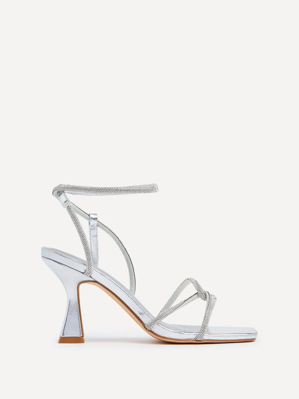 linzi Silver Faux Leather Diamante Embellishes Strappy Heel