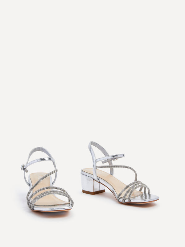 Linzi Silver Faux Leather Diamante Strappy Block Heeled Sandal