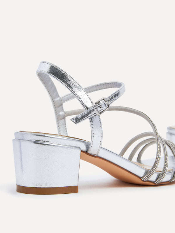 Linzi Silver Faux Leather Diamante Strappy Block Heeled Sandal
