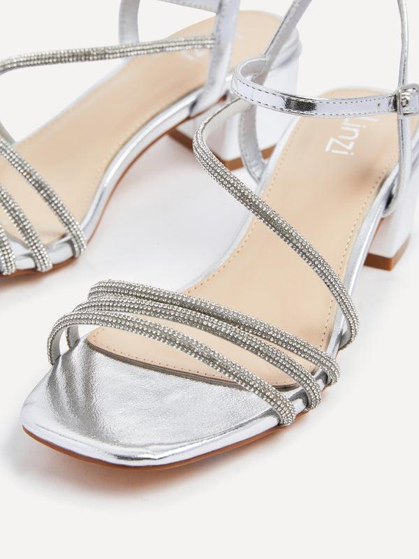 Linzi Silver Faux Leather Diamante Strappy Block Heeled Sandal