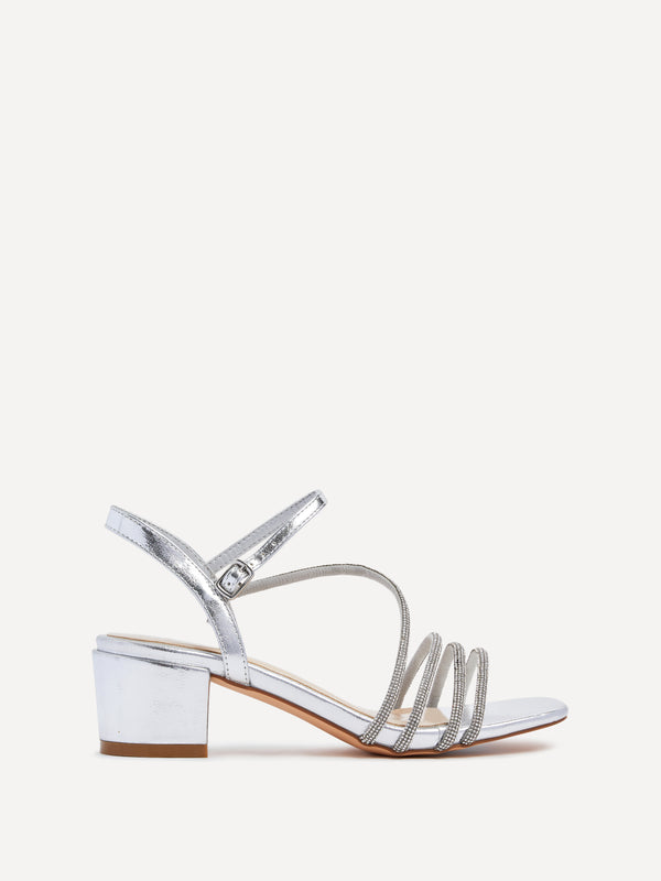 linzi Silver Faux Leather Diamante Strappy Block Heeled Sandal