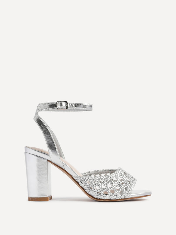 Linzi Silver Faux Leather Handwoven Block Heeled Sandal