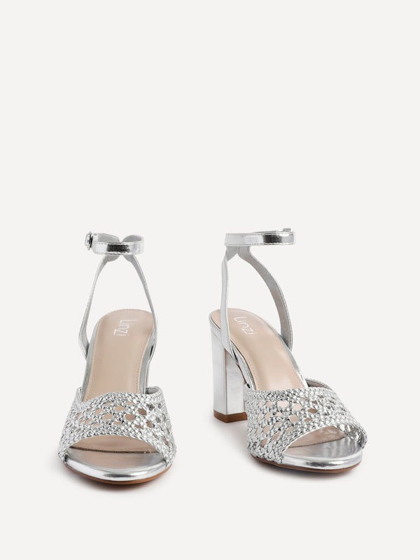 Linzi Silver Faux Leather Handwoven Block Heeled Sandal