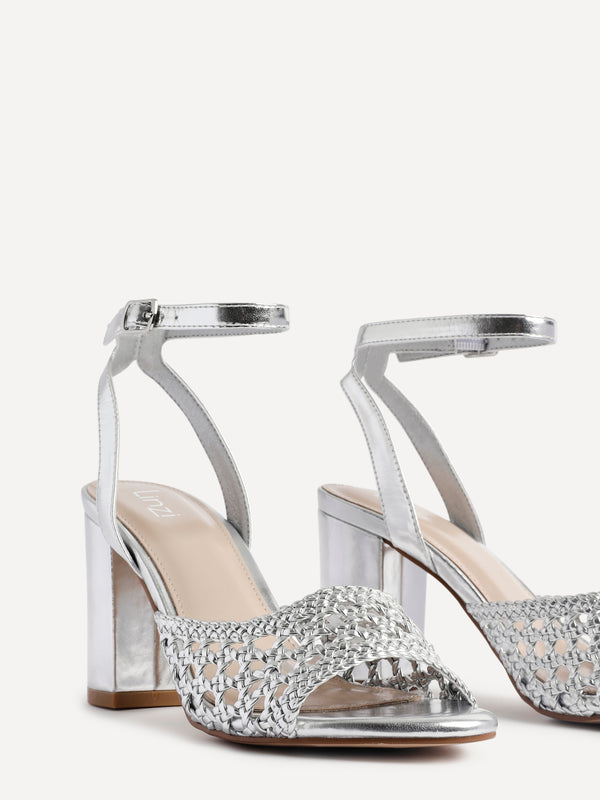 Linzi Silver Faux Leather Handwoven Block Heeled Sandal