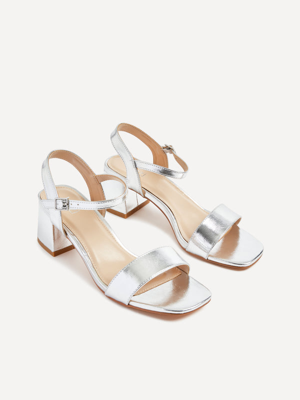 Linzi Silver Faux Leather Low Chunky Block Heeled Sandal