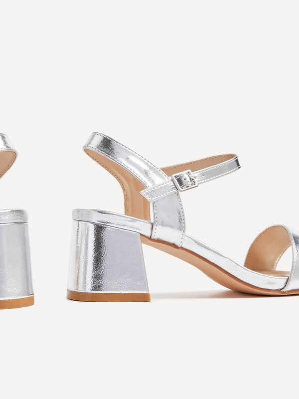 Linzi Silver Faux Leather Low Chunky Block Heeled Sandal
