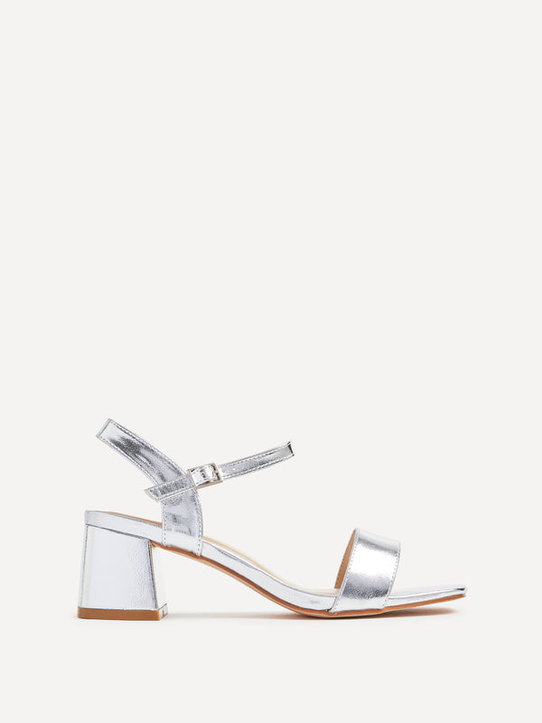 linzi Silver Faux Leather Low Chunky Block Heeled Sandal