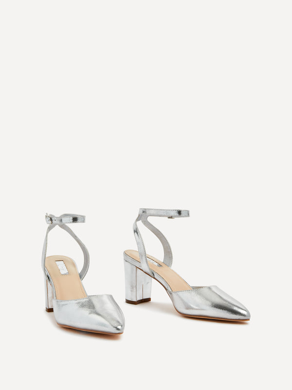 Linzi Silver Faux Leather Mid Height Court Shoe With Sandal Back