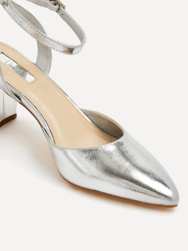 Linzi Silver Faux Leather Mid Height Court Shoe With Sandal Back