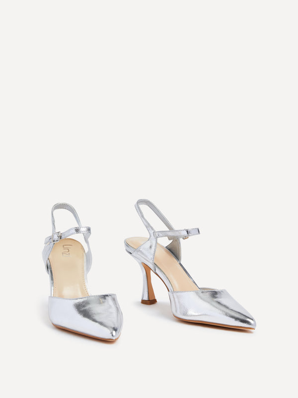 Linzi Silver Faux Leather Open Back Stiletto Court Heel