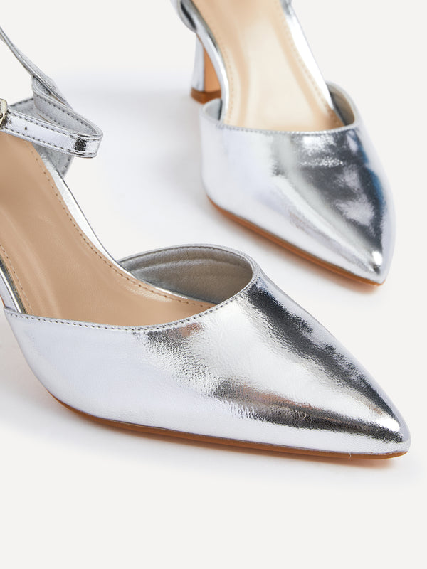 Linzi Silver Faux Leather Open Back Stiletto Court Heel