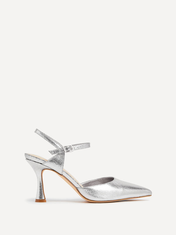 linzi Silver Faux Leather Open Back Stiletto Court Heel
