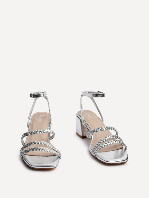 Linzi Silver Faux Leather Plaited Block Heeled Sandals