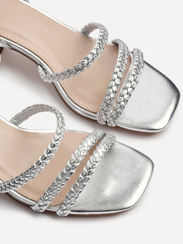 Linzi Silver Faux Leather Plaited Block Heeled Sandals