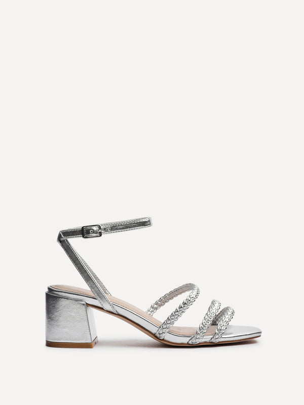 Linzi Silver Faux Leather Plaited Block Heeled Sandals