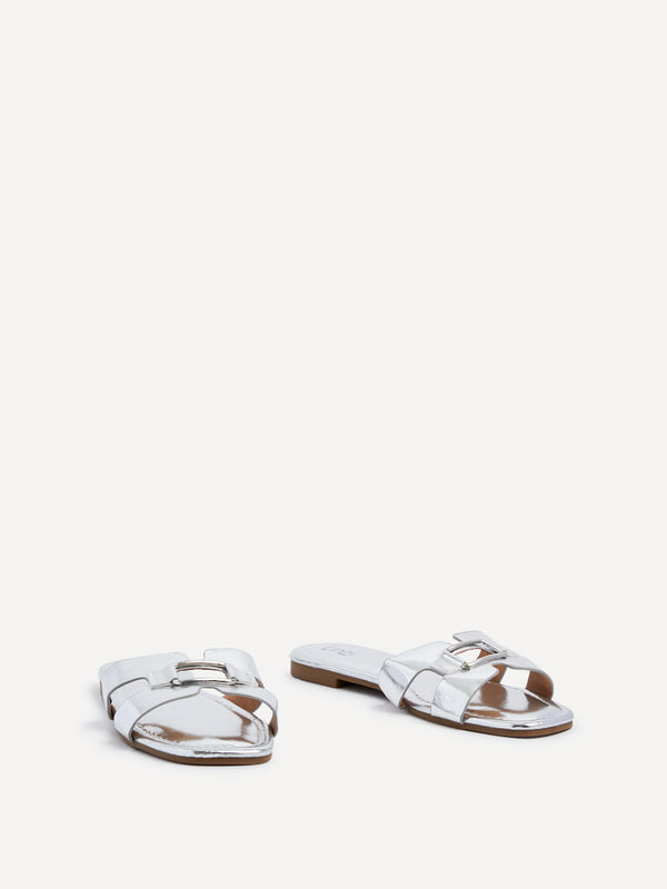 Linzi Silver Faux Leather Slider Sandal With Gold Buckle