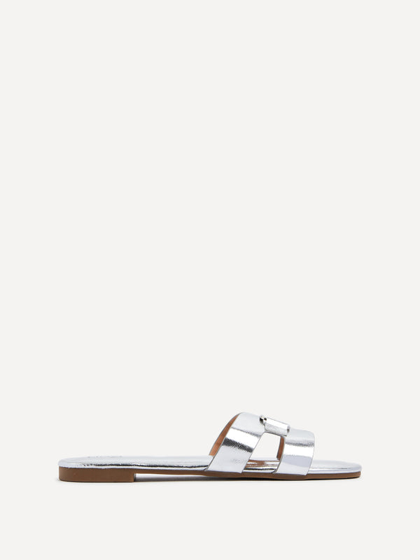 Linzi Silver Faux Leather Slider Sandal With Gold Buckle
