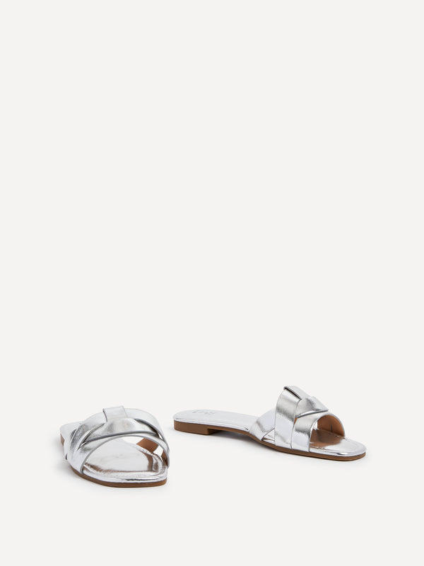 Linzi Silver Faux Leather Slider With Woven Front Strap