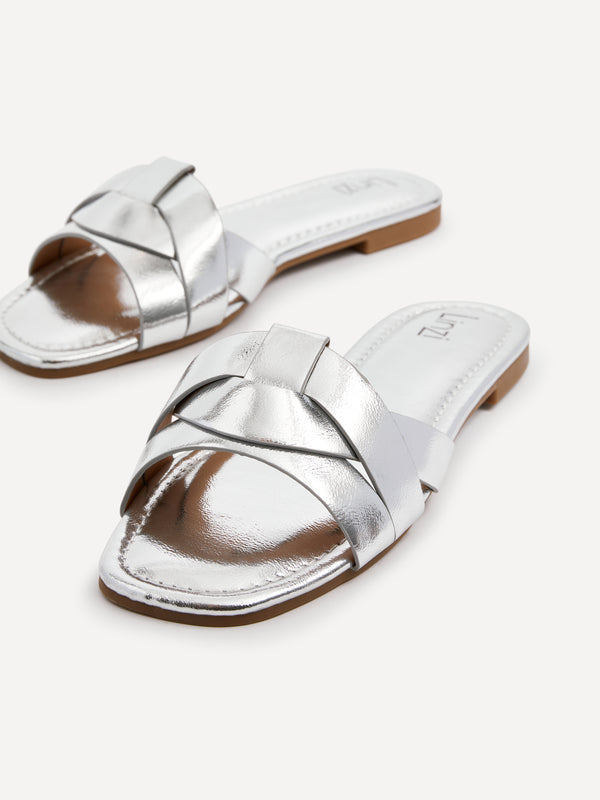 Linzi Silver Faux Leather Slider With Woven Front Strap