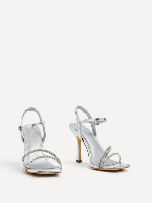 Linzi Silver Faux Leather Square Toe Diamonte Embellished Heel