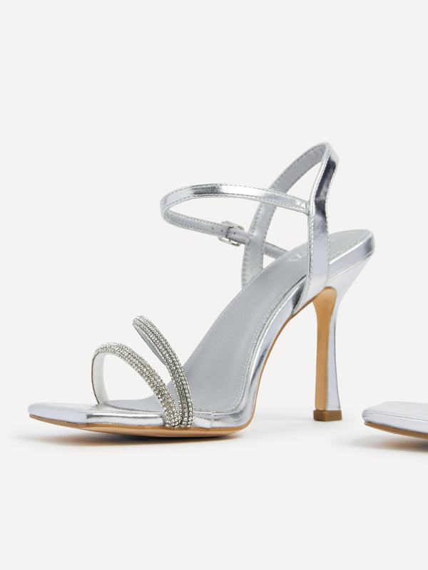 Linzi Silver Faux Leather Square Toe Diamonte Embellished Heel