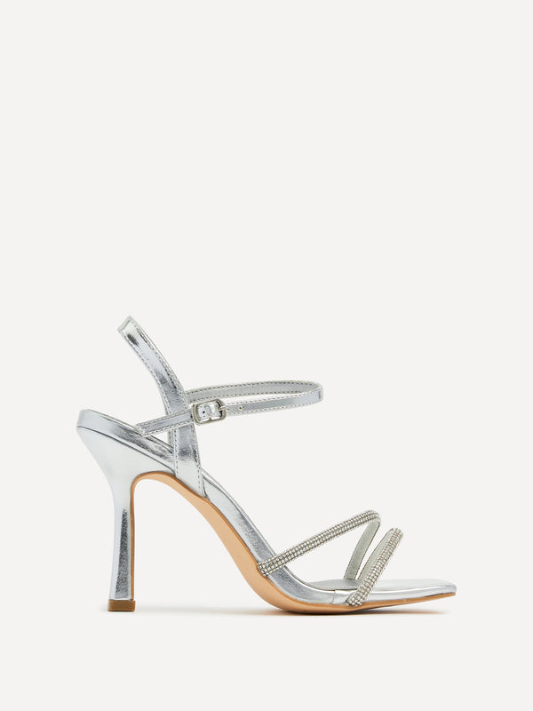 linzi Silver Faux Leather Square Toe Diamonte Embellished Heel