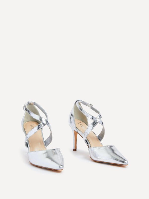 Linzi Silver Faux Leather Stiletto Court Heel With Crossover Front Strap