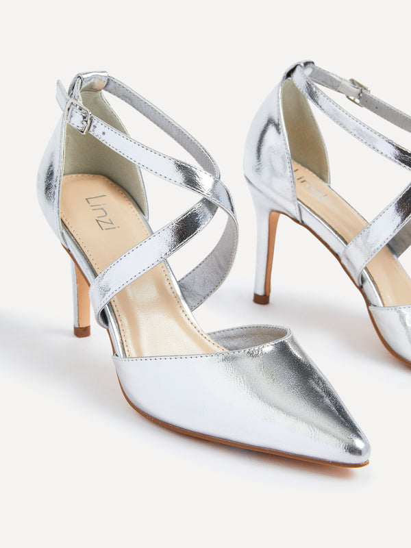 Linzi Silver Faux Leather Stiletto Court Heel With Crossover Front Strap